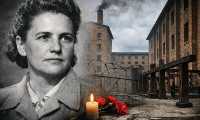 dobový portrét ženy, v pozadí za ní budova koncentračního tábora a hořící svíčka na uctění její památky