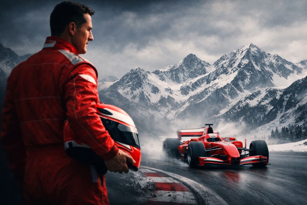 Michael Schumacher s helmou v ruce hledí na Formuli 1, v pozadí jsou zasněžené hory