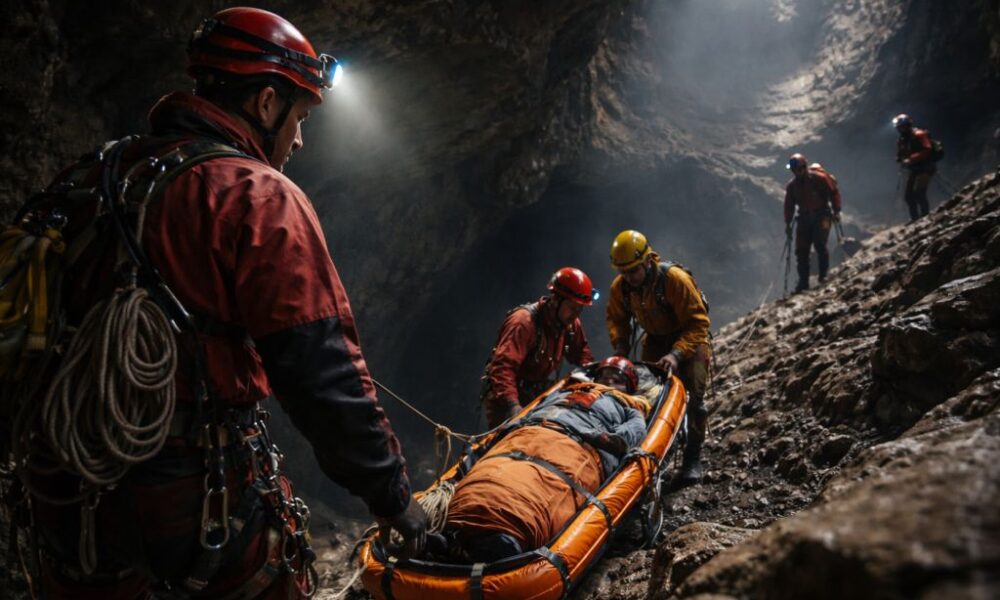 Záchranáři vytahují na nosítkách zraněného z jeskyně.