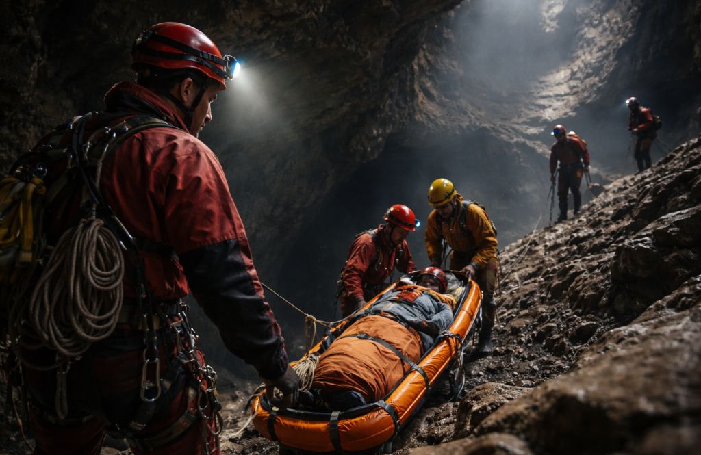Záchranáři vytahují na nosítkách zraněného z jeskyně.