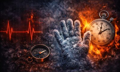 křivka EKG, buzola, zmrzlá lidská ruka, stopky v ohni