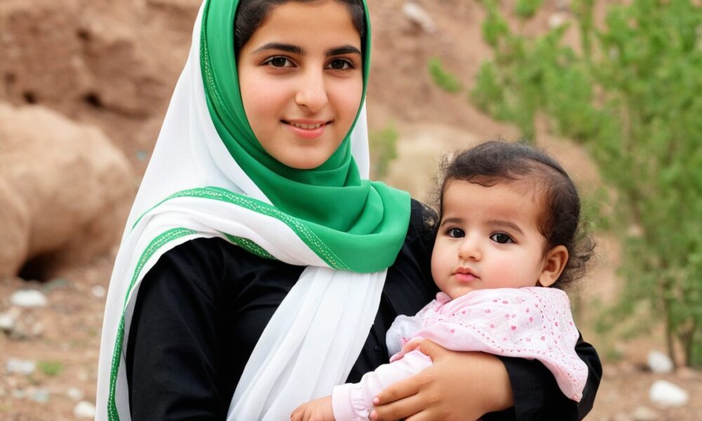 Islámská dívka drží v náručí batole.