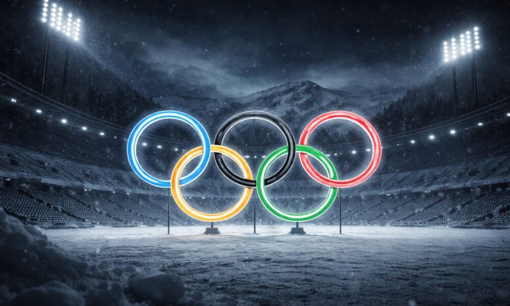 olympijské kruhy uprostřed zimního stadionu