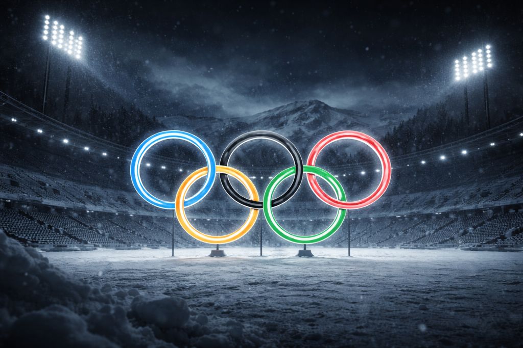 olympijské kruhy uprostřed zimního stadionu