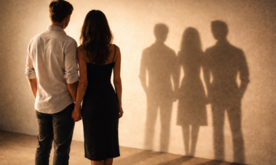 dvojice: muž a žena stojí čelem k bílé zdi, na které se odrážejí tři stíny