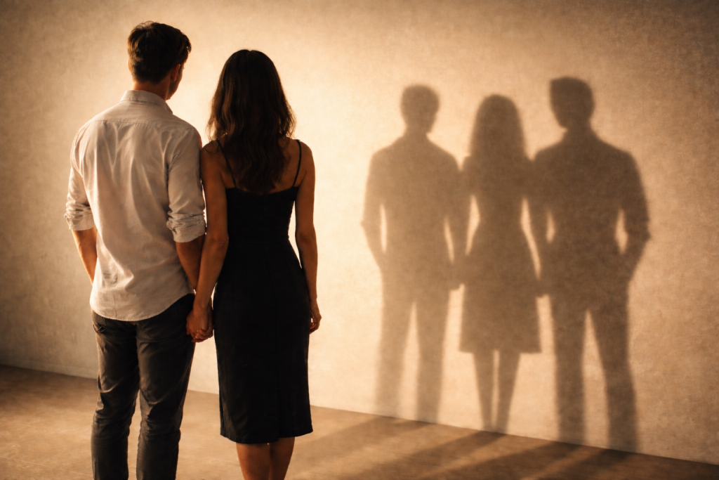 dvojice: muž a žena stojí čelem k bílé zdi, na které se odrážejí tři stíny