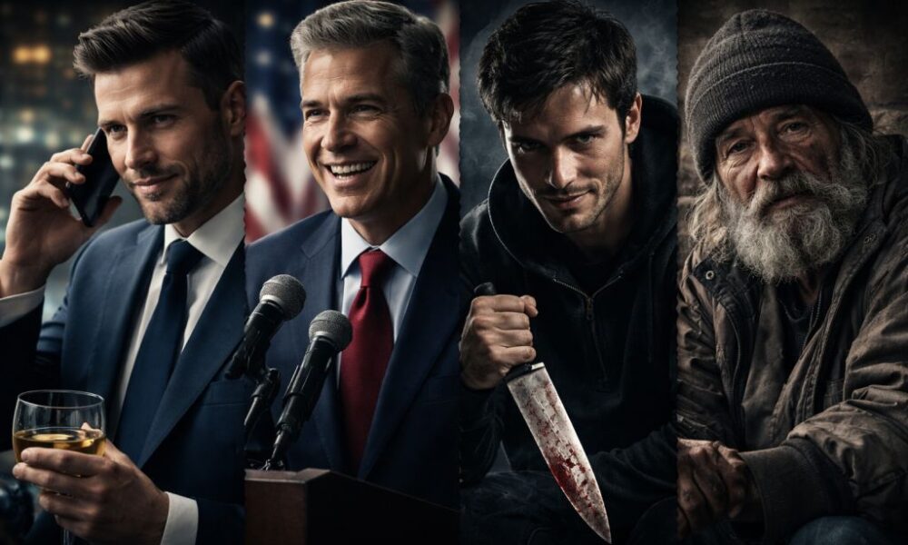 Muž středního věku ve čtyřech různých podobách, zleva jako manažer, politik, vrah a bezdomovec.