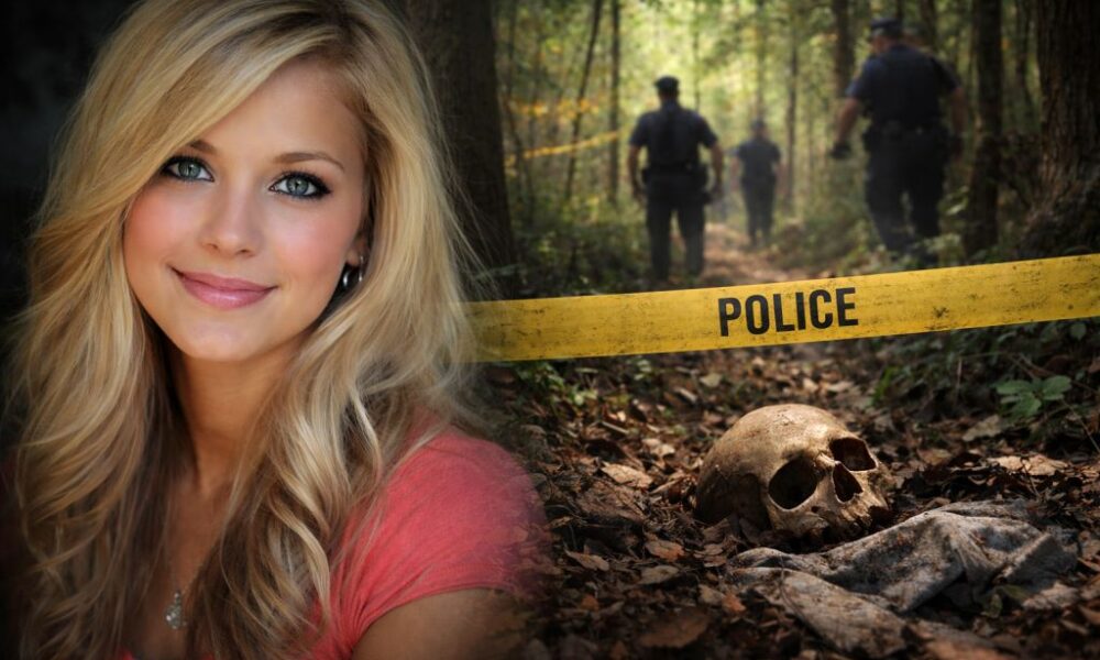 Mladá atraktivní žena, blondýnka v levé části snímku, vedle ní žlutá policejní páska, pod kterou je vidět leba, nad ní policejní důstojníci kráčí lesem