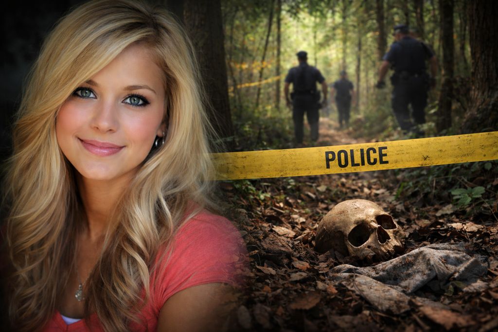 Mladá atraktivní žena, blondýnka v levé části snímku, vedle ní žlutá policejní páska, pod kterou je vidět leba, nad ní policejní důstojníci kráčí lesem