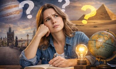 Mladá žena sedí nad otevřeným zápisníkem a přemýšlí. U hlavy jí létaji pomyslné otazníky, v pozadí vidíme výjev z Prahy, planetu a egyptskou pyramidu.