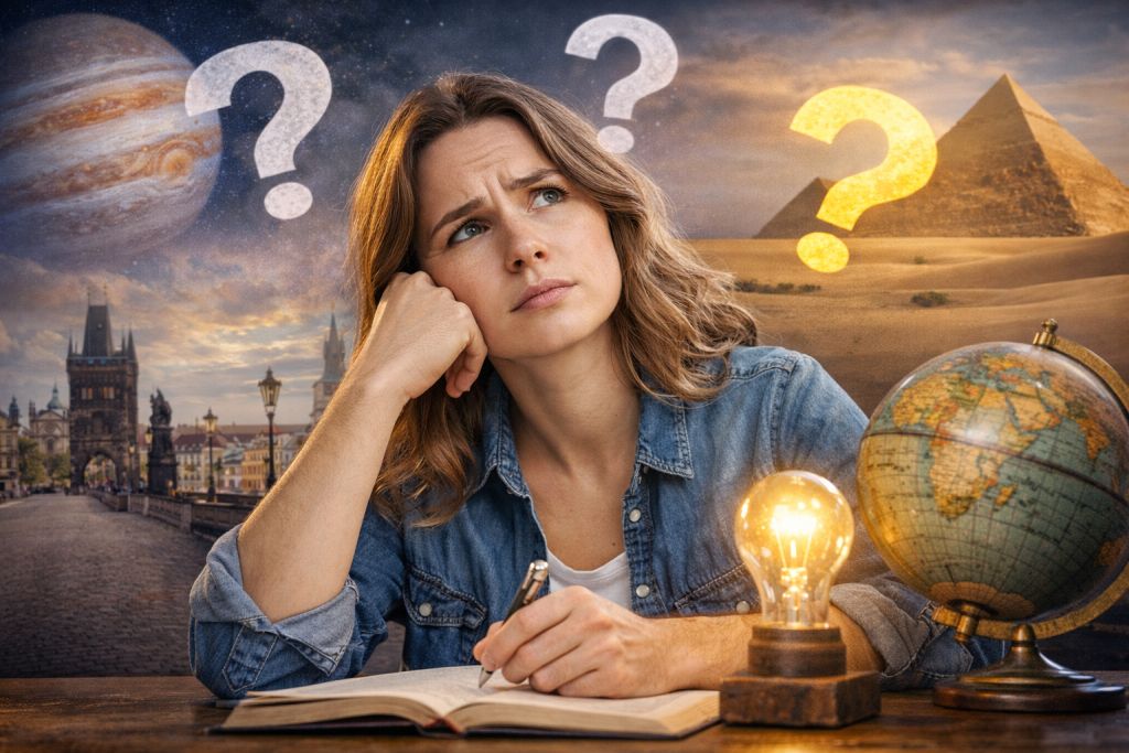 Mladá žena sedí nad otevřeným zápisníkem a přemýšlí. U hlavy jí létaji pomyslné otazníky, v pozadí vidíme výjev z Prahy, planetu a egyptskou pyramidu.