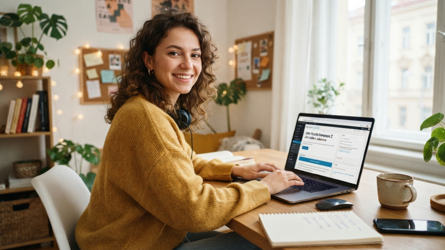 Mladá usměvavá žena z Generace Z sedí u pracovního stolu v útulném pokoji a pracuje na svém notebooku na vedlejším online výdělku (side hustle).